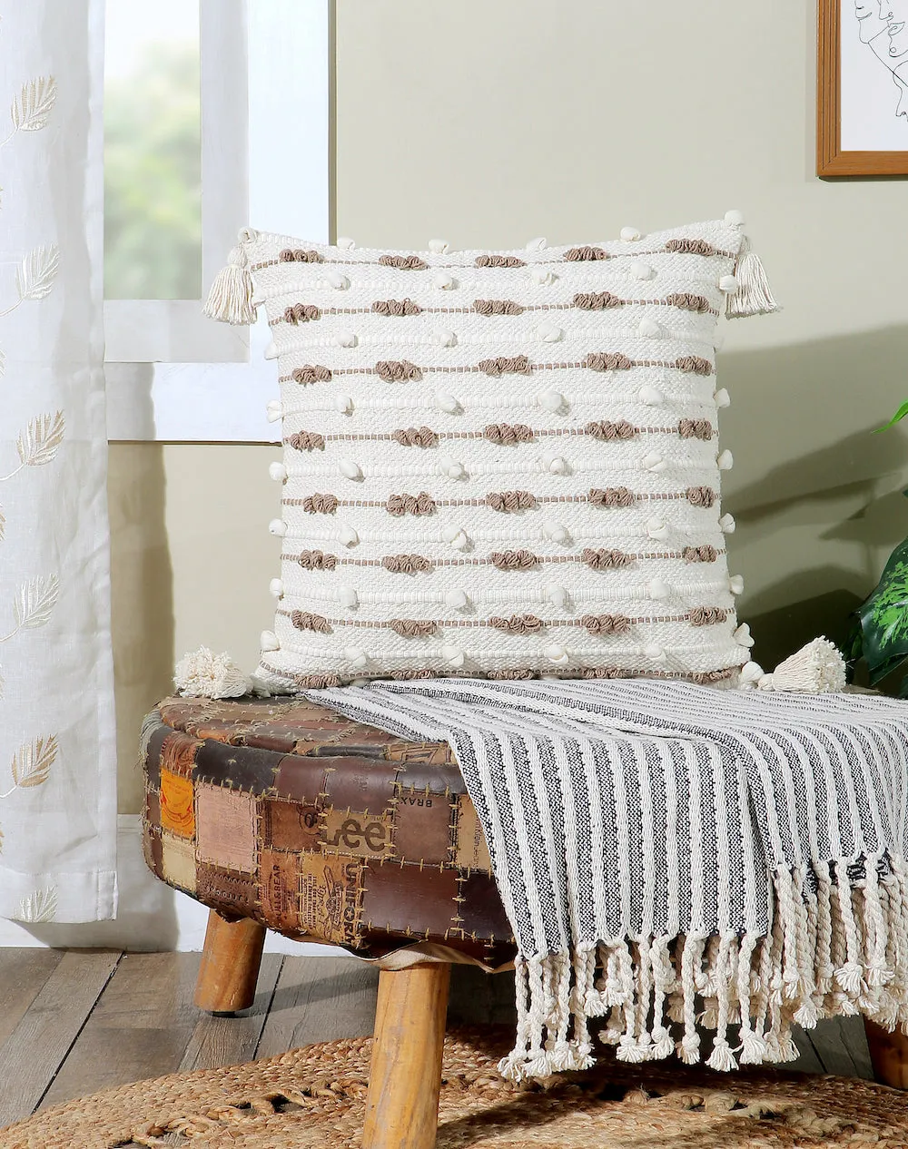 Boho Cushion Cover with Beige and White Dotted Texture Tassel Detailing