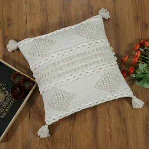 Boho Cushion Cover with Tassels and Diamond Texture Neutral White- Zoe