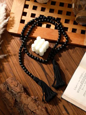 Boho Macrame Wall Hanging with Black Wooden Beads