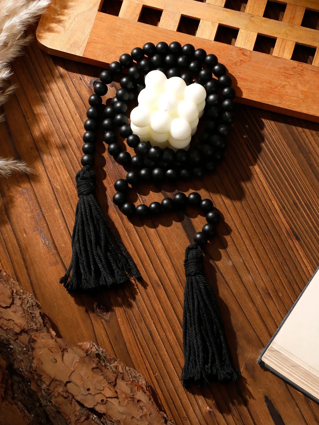 Boho Macrame Wall Hanging with Black Wooden Beads