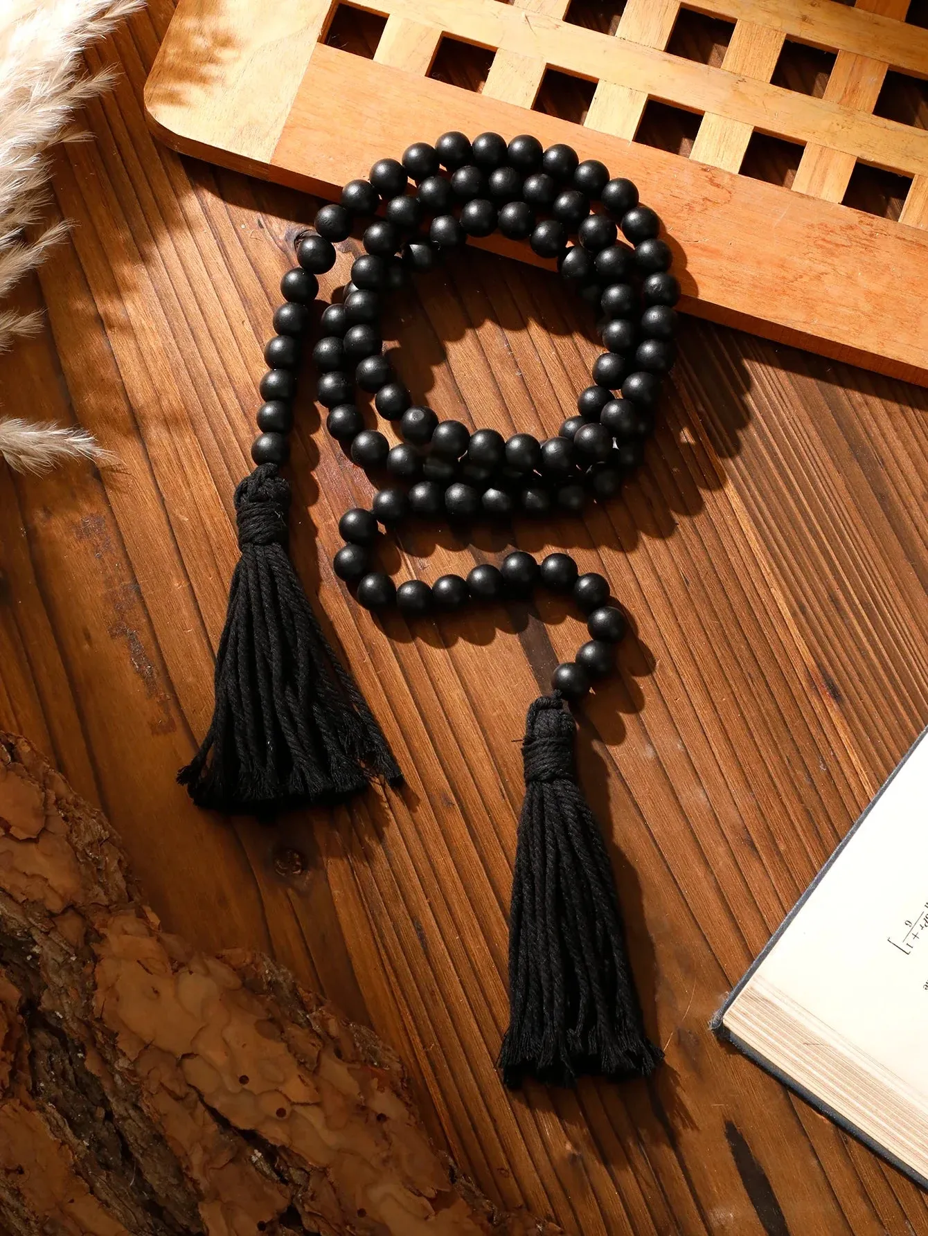 Boho Macrame Wall Hanging with Black Wooden Beads