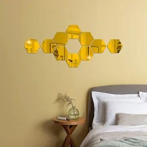 DecorWear 10 Hexagon Mirror Wall Stickers Gold Mirror Stickers for Wall Stickers for Wall Size (10.5x12.1) Cm 3D Acrylic Mirror Wall Decor Sticker, Wall Mirror Stickers, Unframed Hexagonal Stickers