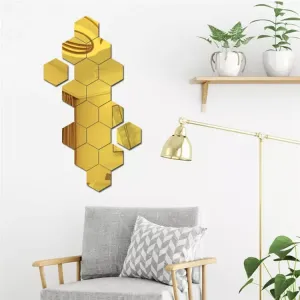 DecorWear 16 Hexagon Mirror Gold Plastic Wall Stickers for Wall Size (10.5x12.1) Cm Acrylic Mirror Wall Decor Sticker, Wall Mirror Stickers, Unframed Hexagonal Mirror Wall Sticker (C-16HexaGold)