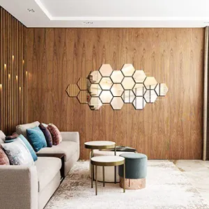 DecorWear 21 Hexagon Mirror Silver Plastic Wall Stickers for Wall Size (10.5x12.1) Cm Acrylic Mirror Wall Decor Sticker, Wall Mirror Stickers, 3D Hexagonal Mirror Wall Sticker (B-21HexaSilver)