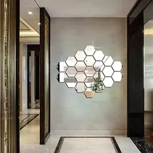 DecorWear 23 Hexagon Mirror Silver Plastic Wall Stickers for Wall Size (10.5x12.1) Cm Acrylic Mirror Wall Decor Sticker, Wall Mirror Stickers, 3D Hexagonal Mirror Wall Sticker (B-23HexaSilver)