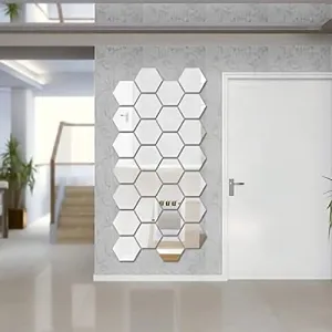DecorWear 28 Hexagon Mirror Silver Plastic Wall Stickers for Wall Size (10.5x12.1) Cm Acrylic Mirror Wall Decor Sticker, Wall Mirror Stickers, Unframed Hexagonal Mirror Wall Sticker(28HexaSilver)