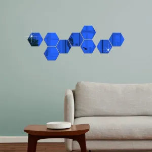 DecorWear 9 Hexagon Mirror Wall Stickers Blue Mirror Stickers For Wall Stickers for Wall Size (10.5x12.1)Cm Acrylic Mirror Wall Decor Sticker, 3D Wall Mirror Stickers, Unframed Hexagonal Wall Sticker
