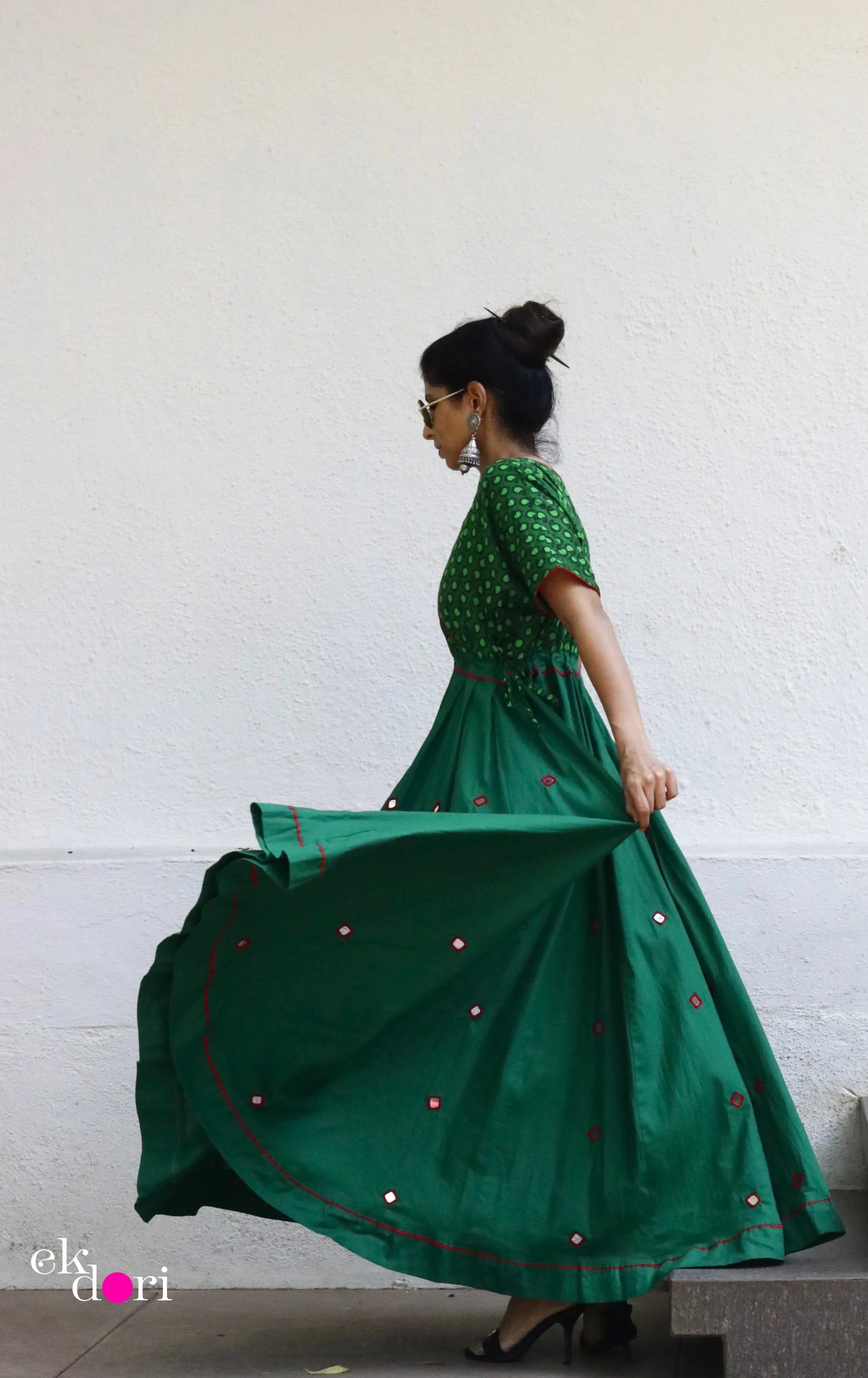 'Desi Gulaab' Mirror Work Cotton Anarkali Festive Dress : Festive Navratri Cotton Maxi Dress