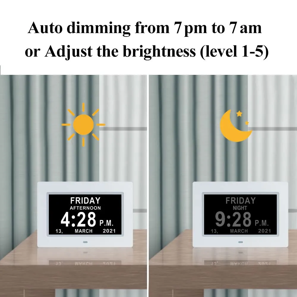 Extra Large Day Date Time Dementia Clocks Digital Day Calendar Clock for Senior Elderly Memory Loss Vision Impaired Alzheimer's with12 Alarm Reminders Auto-Dimming AM/PM 12/24H (7 Inch White)
