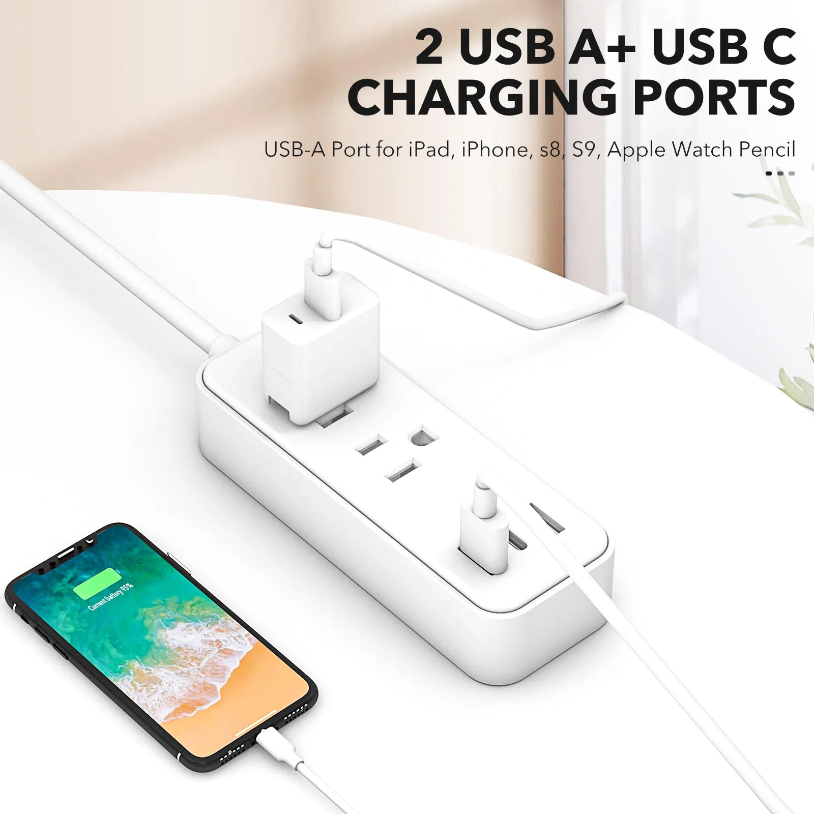 Flat Plug Power Strip with 2 AC Outlets 2 USB A and 1 USB C Ports(5V,2.4A) BN-LINK