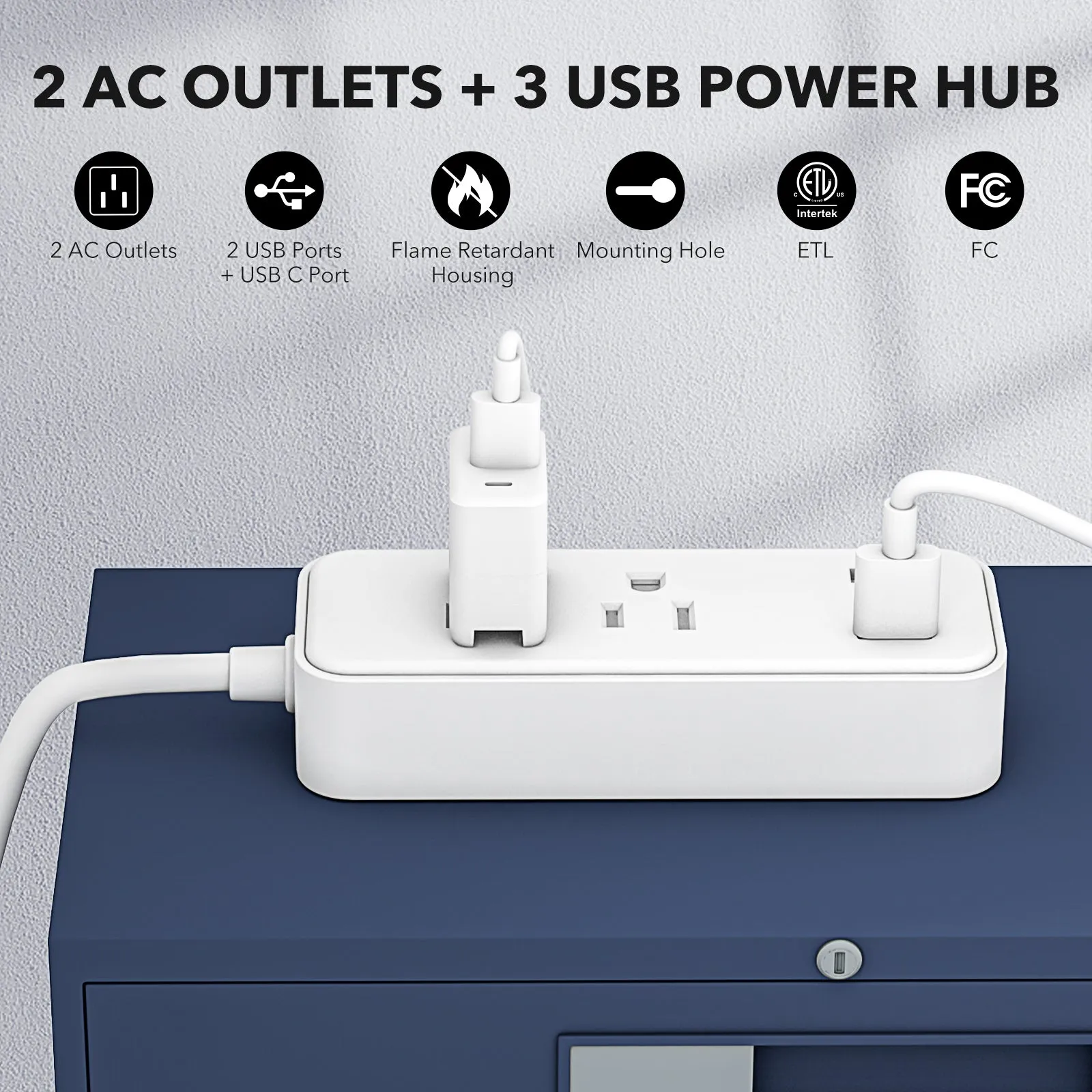Flat Plug Power Strip with 2 AC Outlets 2 USB A and 1 USB C Ports(5V,2.4A) BN-LINK