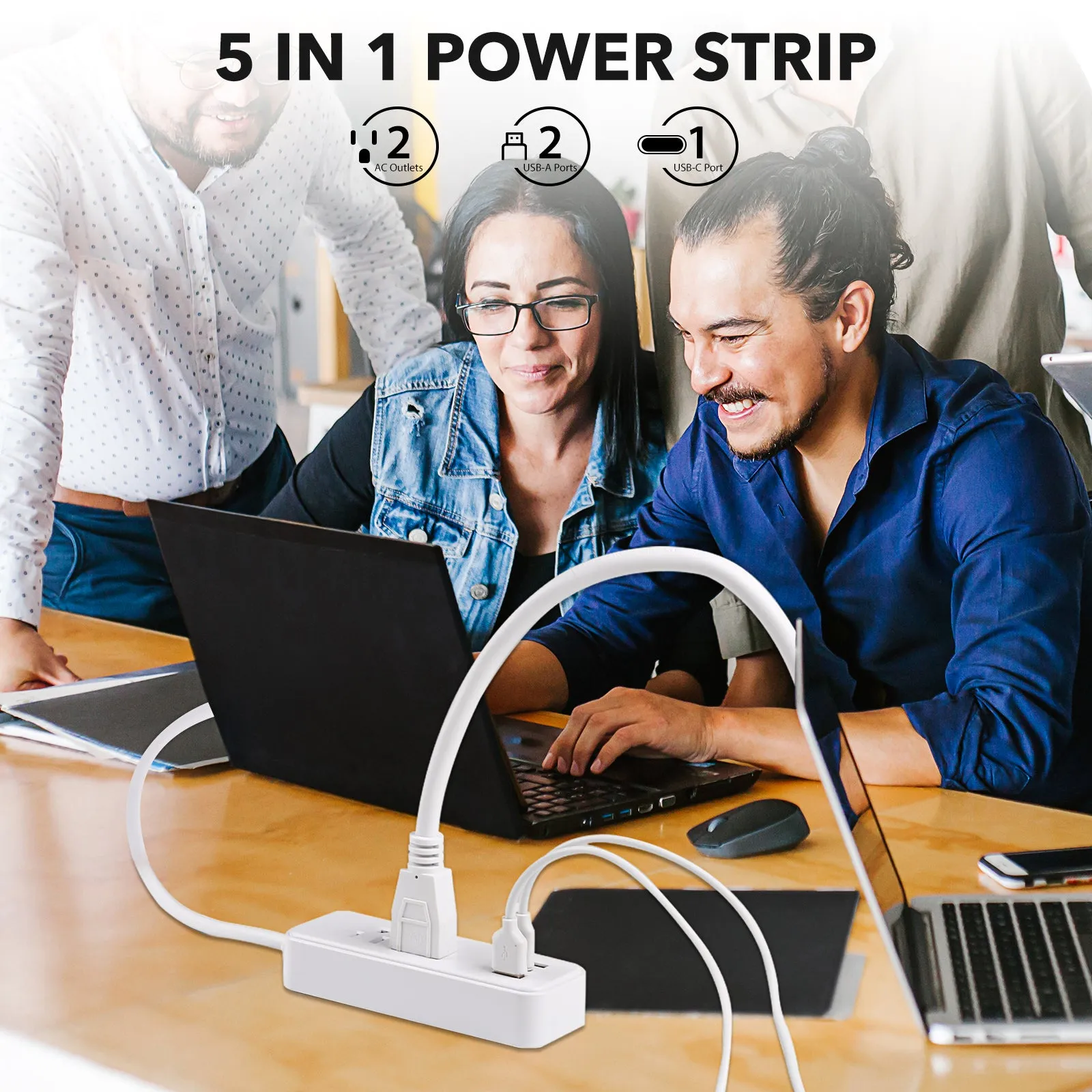 Flat Plug Power Strip with 2 AC Outlets 2 USB A and 1 USB C Ports(5V,2.4A) BN-LINK