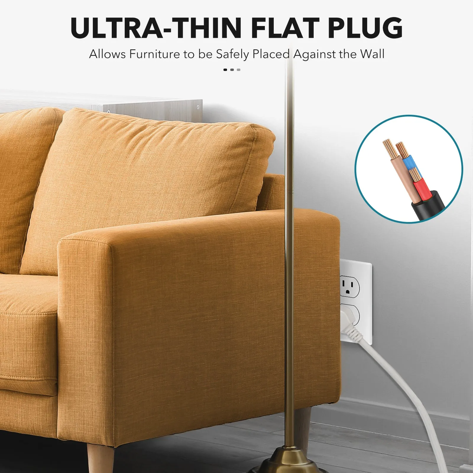 Flat Plug Power Strip with 2 AC Outlets 2 USB A and 1 USB C Ports(5V,2.4A) BN-LINK