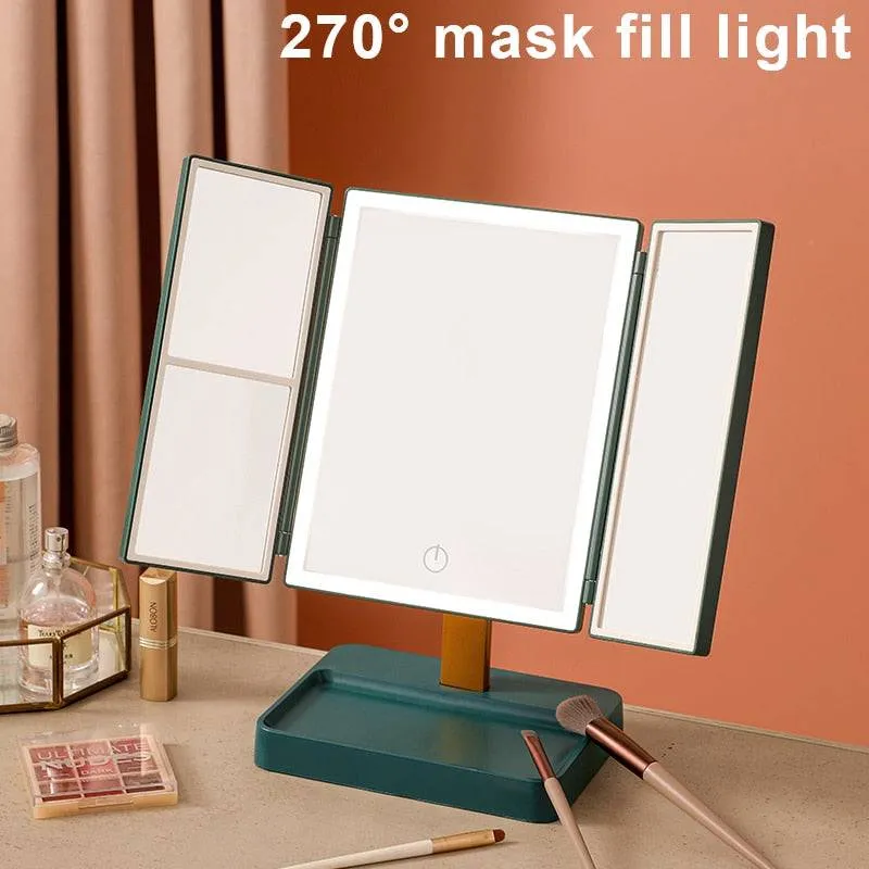 LED Light Vanity Mirror Magnifying Cosmetic 3 Folding Makeup Mirrors 270 Rotation Stepless Dimmer Beauty Table Mirrors