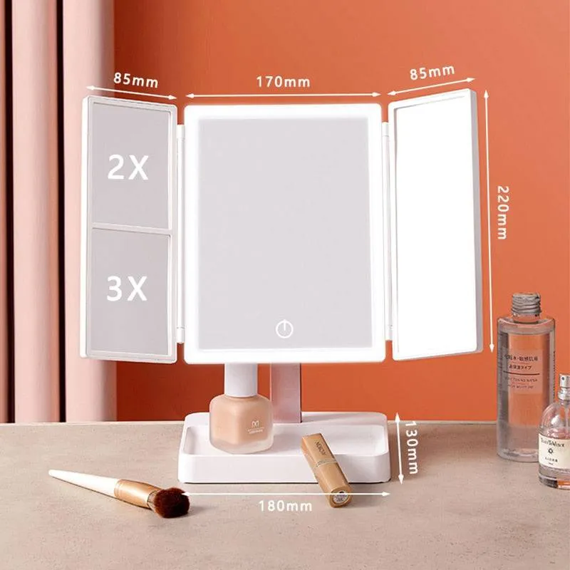 LED Light Vanity Mirror Magnifying Cosmetic 3 Folding Makeup Mirrors 270 Rotation Stepless Dimmer Beauty Table Mirrors