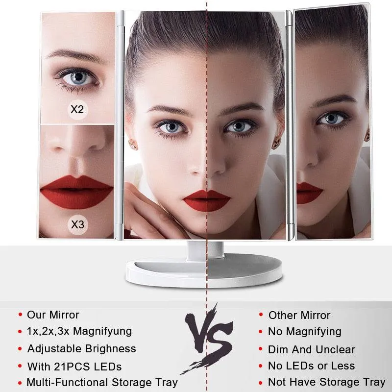 LED Light Vanity Mirror Magnifying Cosmetic 3 Folding Makeup Mirrors 270 Rotation Stepless Dimmer Beauty Table Mirrors