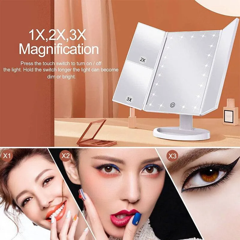 LED Light Vanity Mirror Magnifying Cosmetic 3 Folding Makeup Mirrors 270 Rotation Stepless Dimmer Beauty Table Mirrors