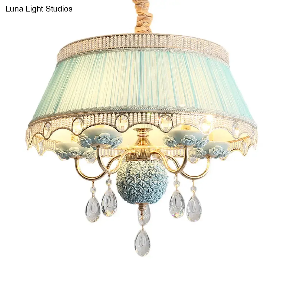 Pastoral Style Ceramic Chandelier with Hanging Light and Pleated Lamp Shade - Set of 5 Candlestick Bulbs in Pink/Blue/Light-Beige