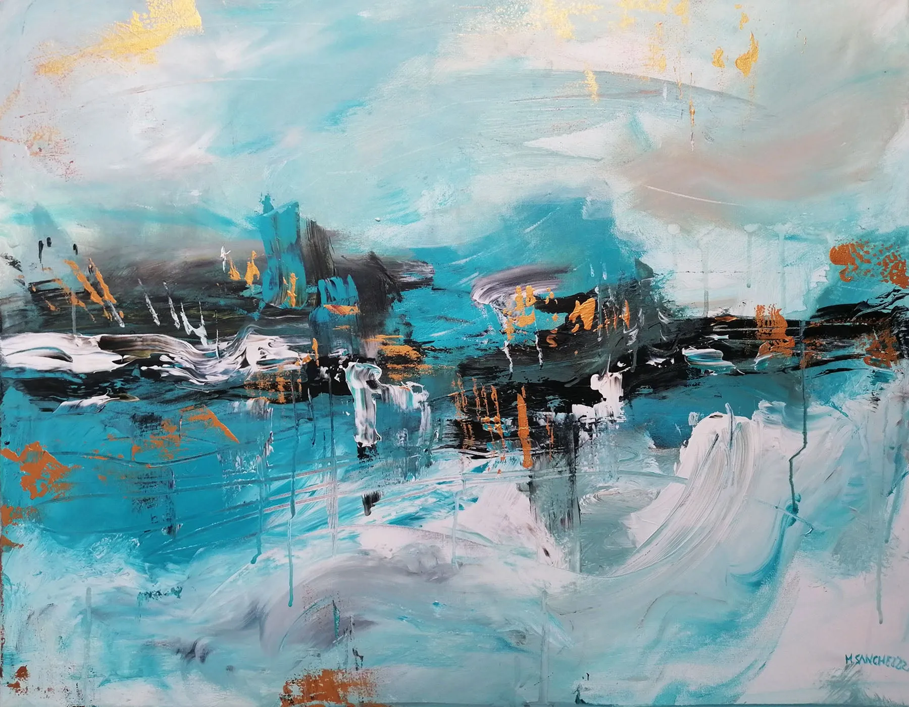 Sky blue & gold abstract painting 36  x 28 inches - ready to ship