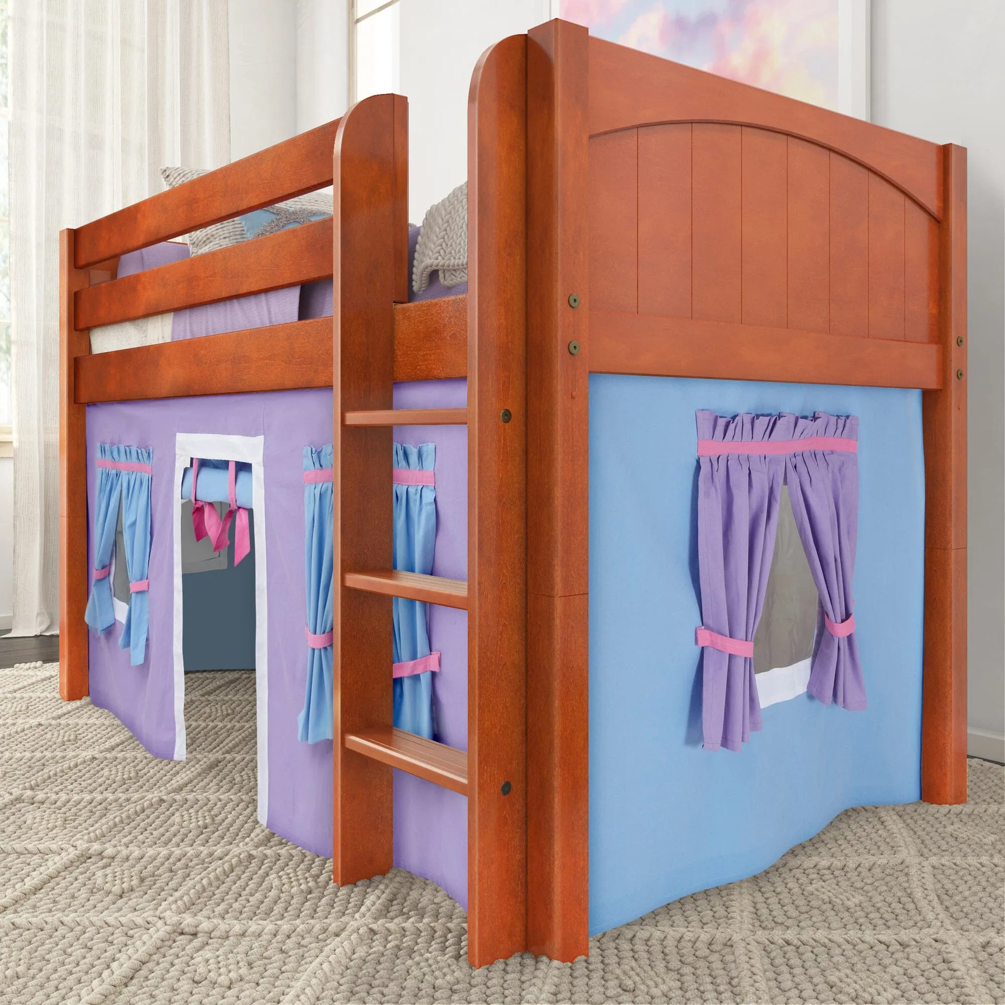 Twin Low Loft Bed with Straight Ladder and Underbed Curtain