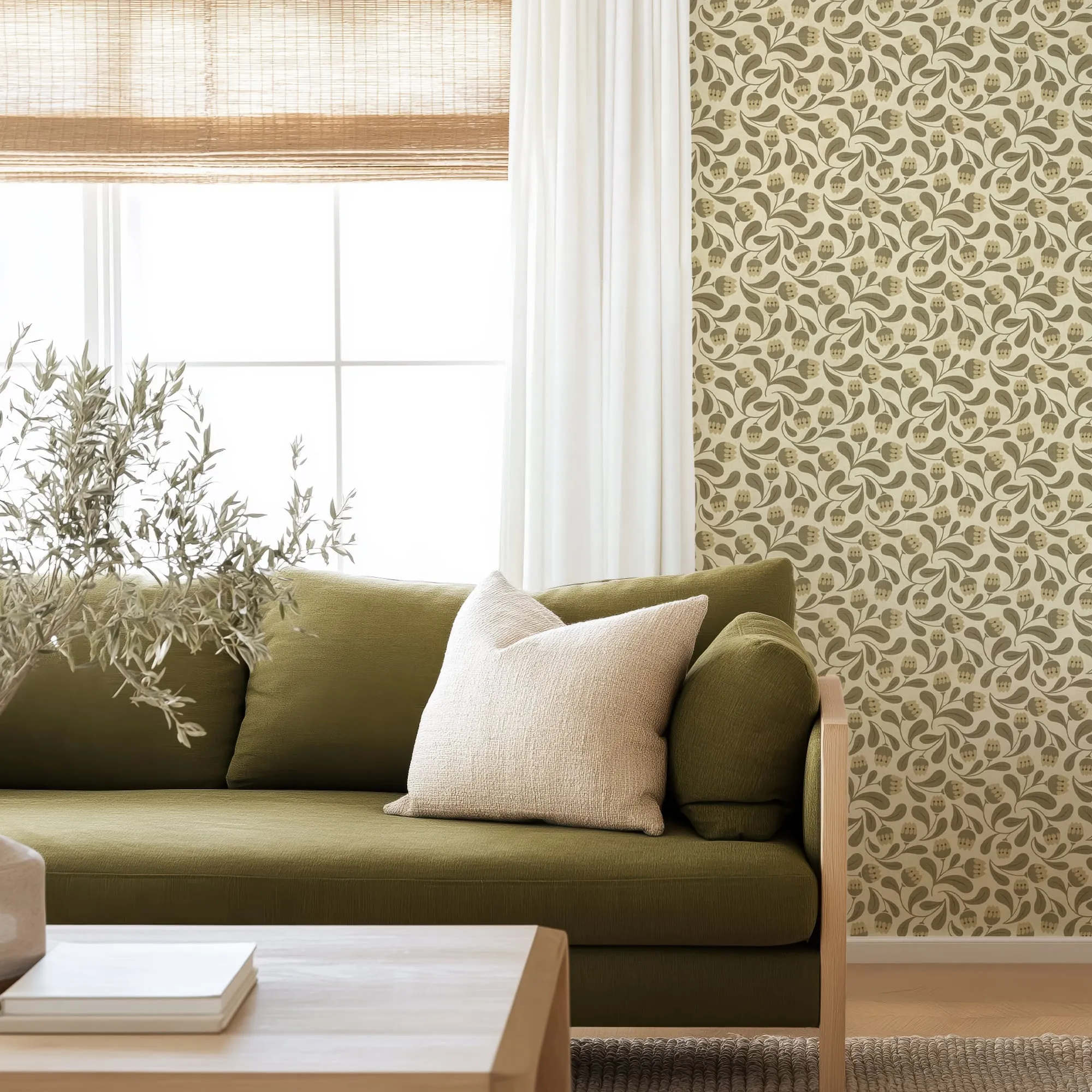 Whimsical Bloom Wallpaper – Soft Green & Cream Floral