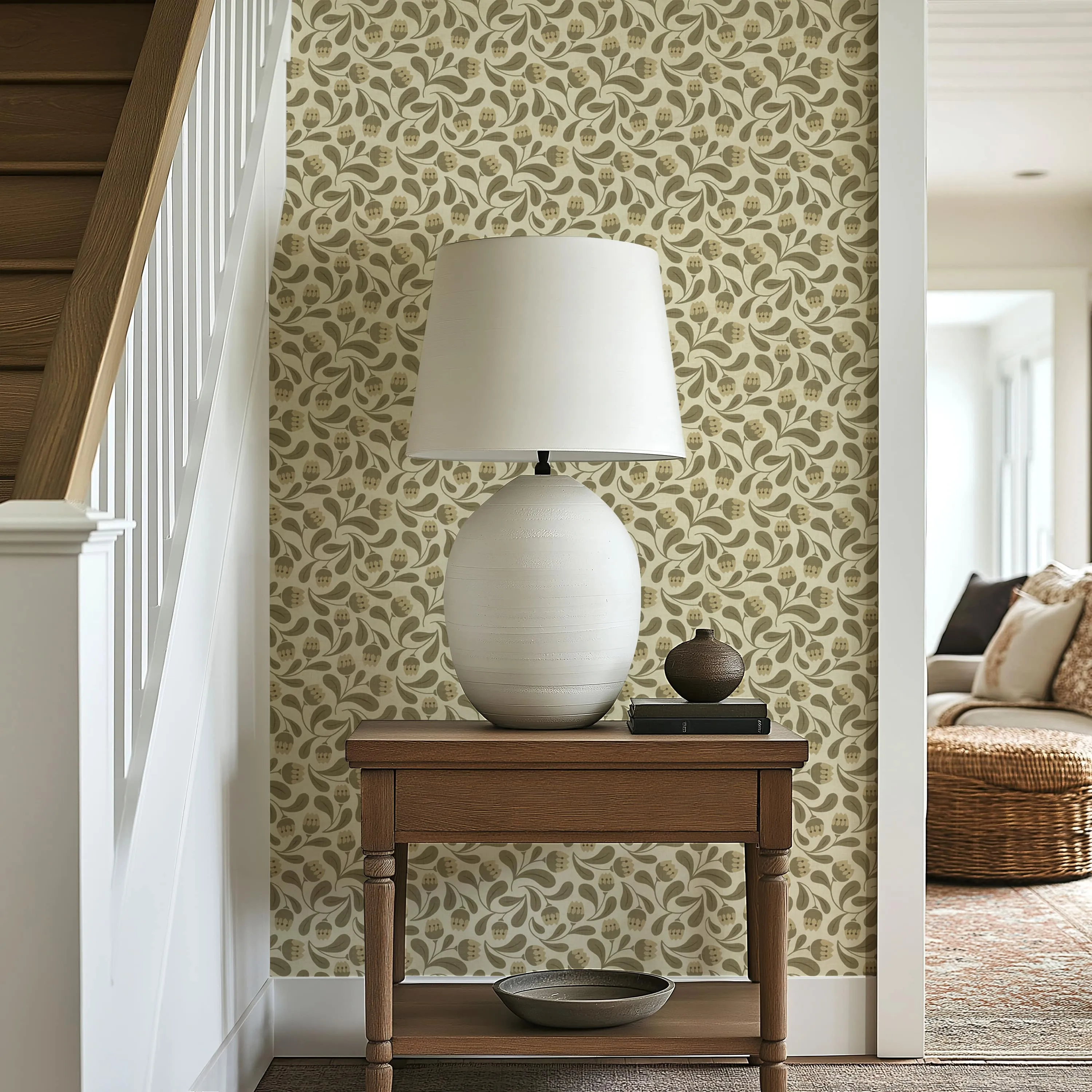 Whimsical Bloom Wallpaper – Soft Green & Cream Floral