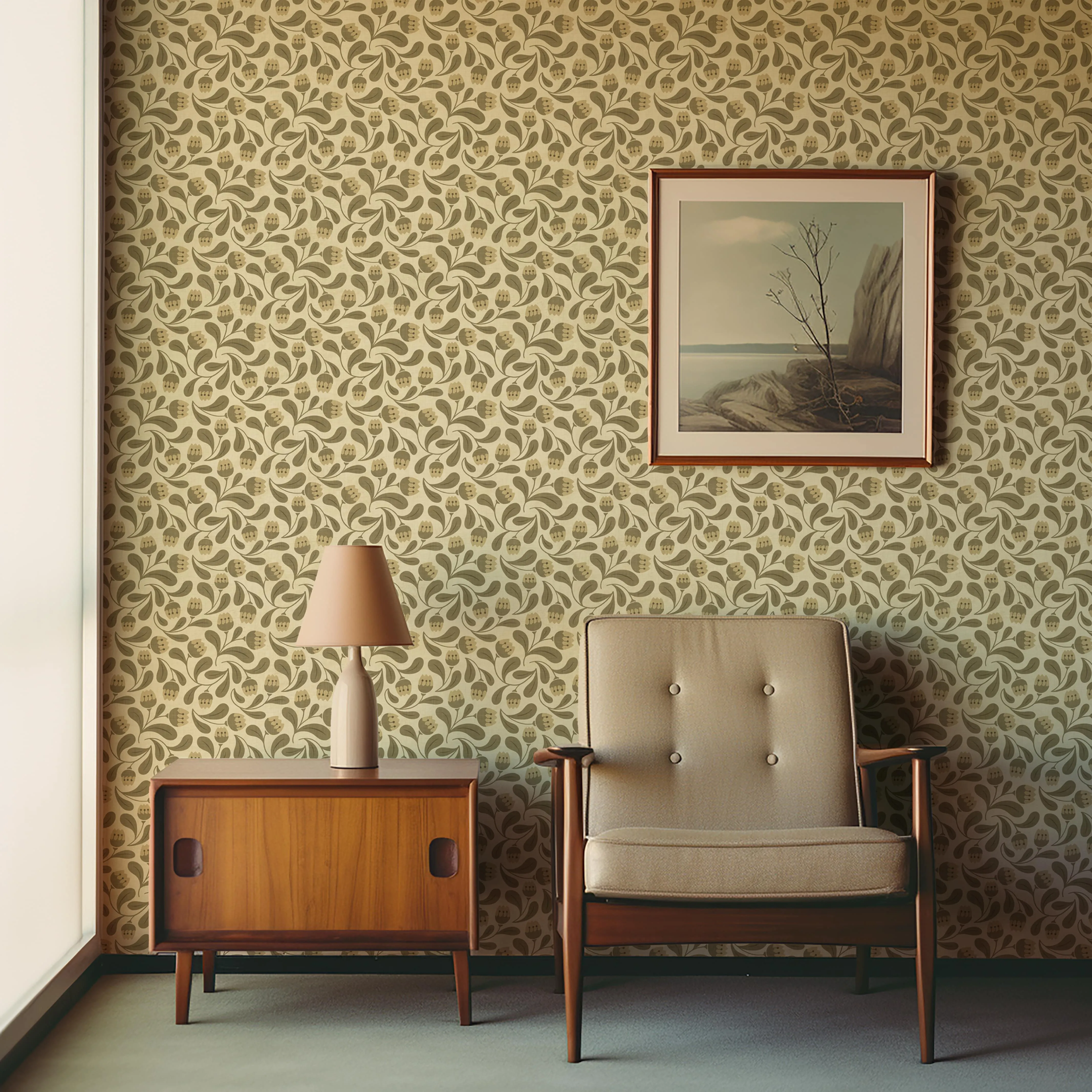 Whimsical Bloom Wallpaper – Soft Green & Cream Floral