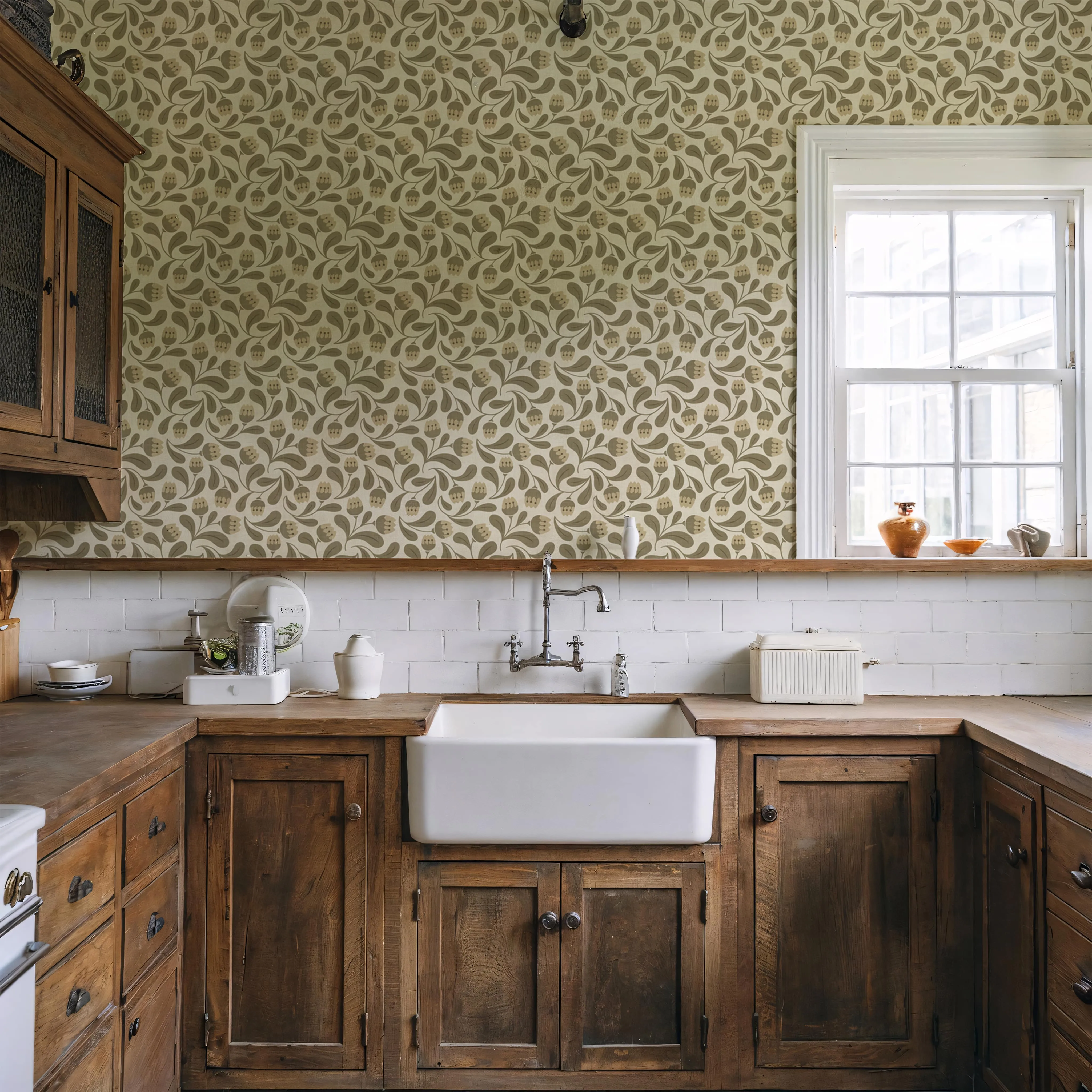 Whimsical Bloom Wallpaper – Soft Green & Cream Floral
