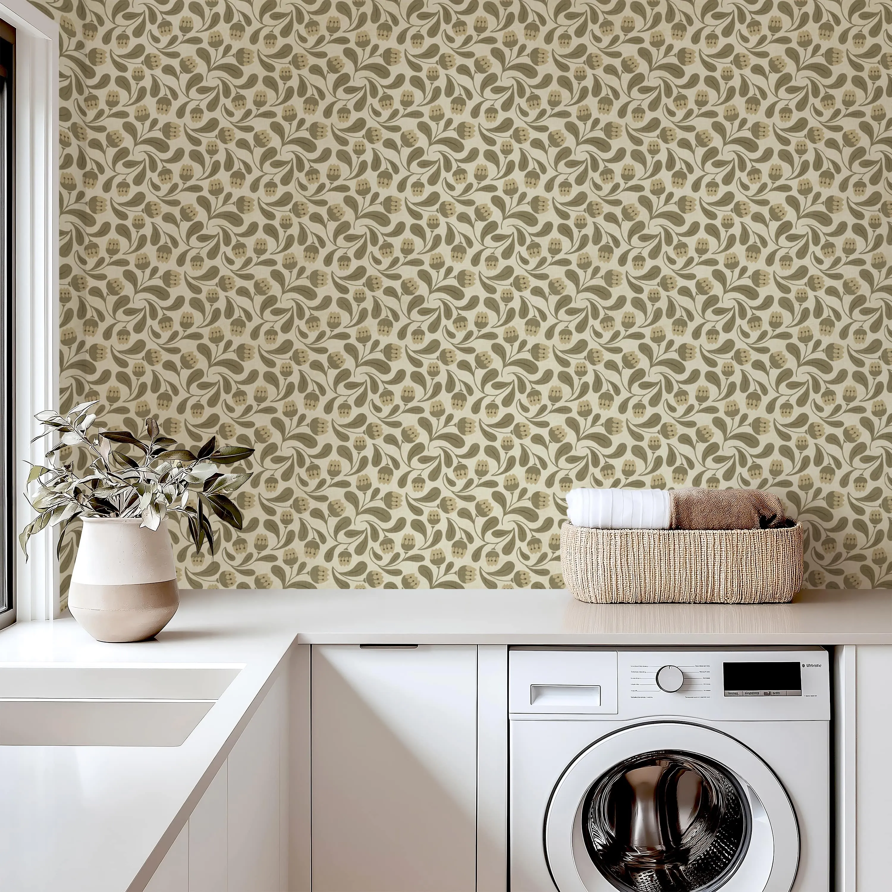 Whimsical Bloom Wallpaper – Soft Green & Cream Floral