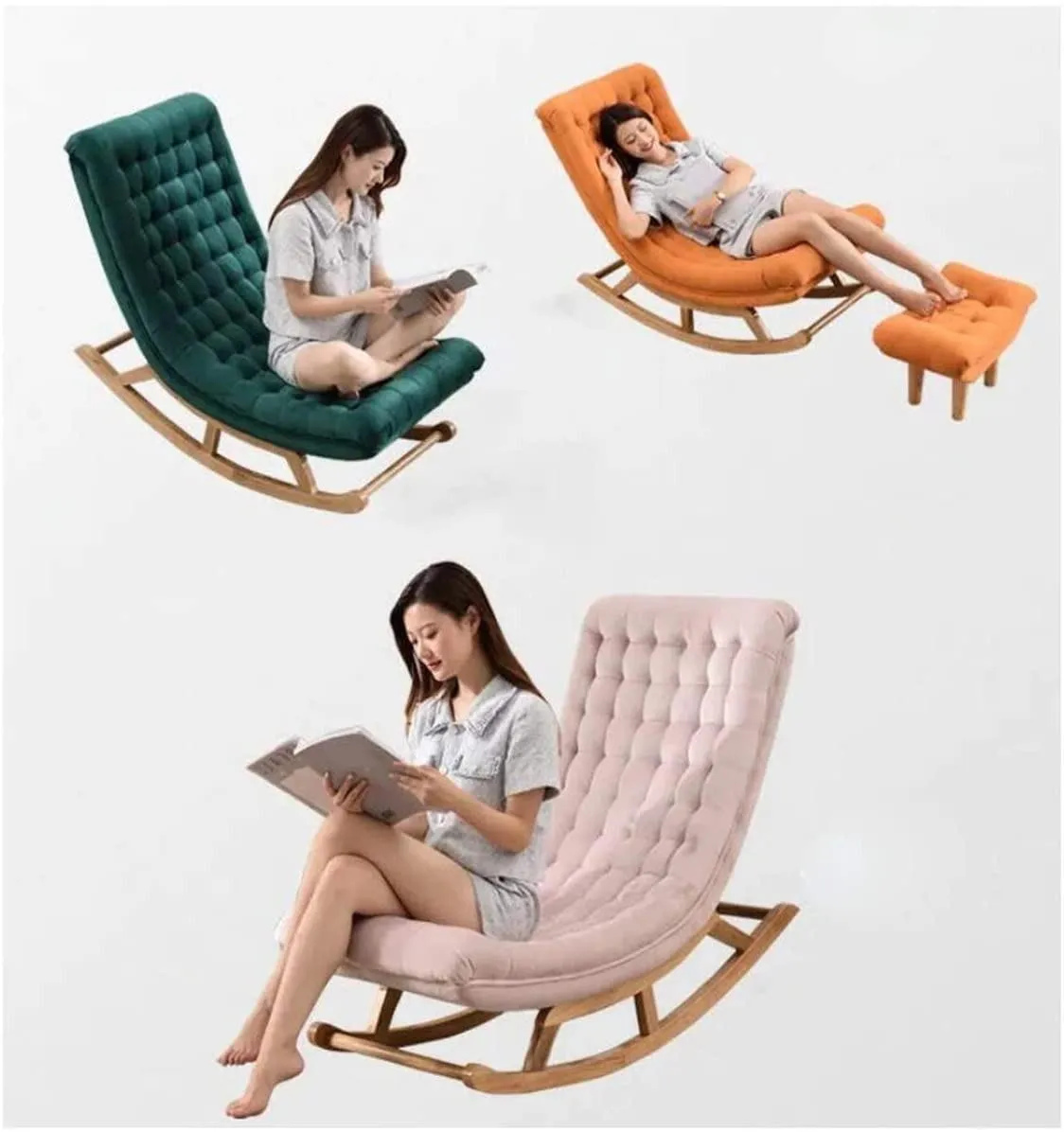 Wooden Twist Pink Recliner Lounger Wooden Rocking Chair in Premium Soft Comfortable Cushion